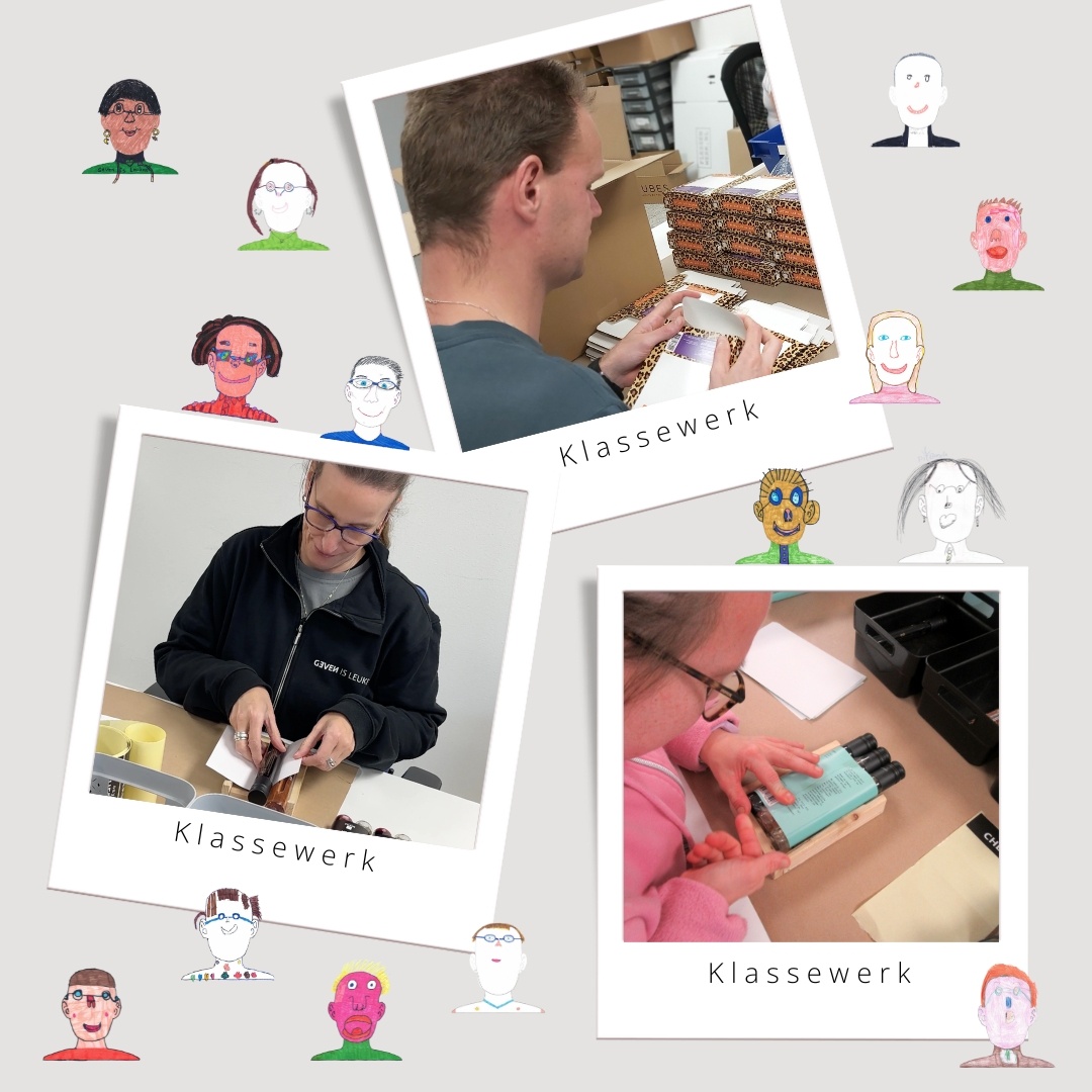 Fotocollage van medewerkers die geconcentreerd aan werktafels producten in elkaar zetten